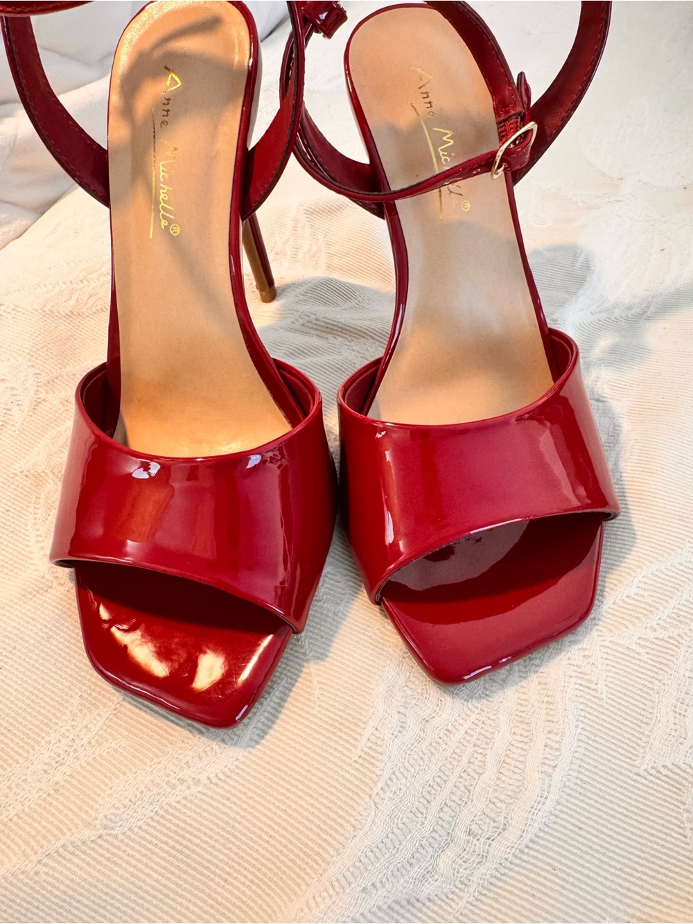 Anne Michelle Red Patent Ankle-Strap Stiletto Sandals